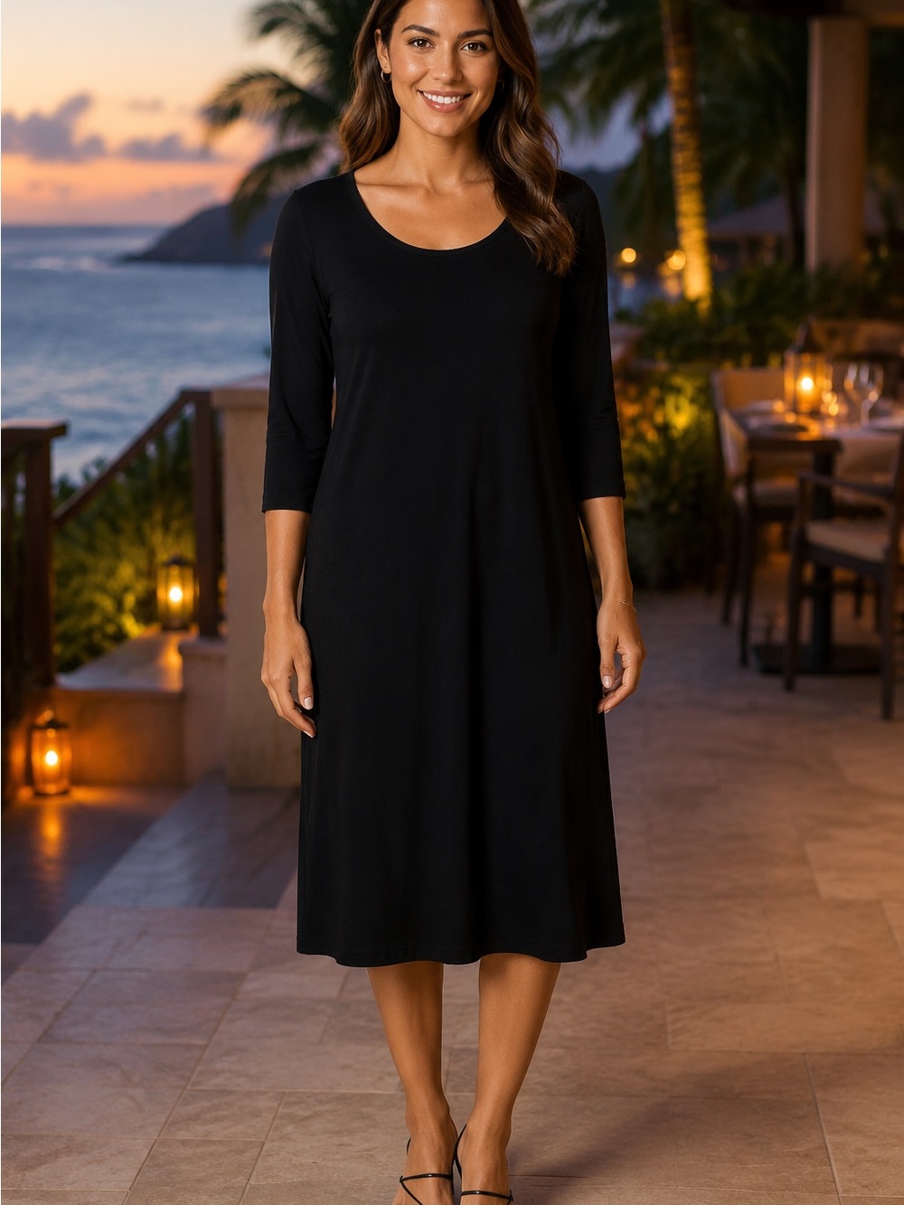 Tommy Bahama Black Scoop Neck Midi Dress
